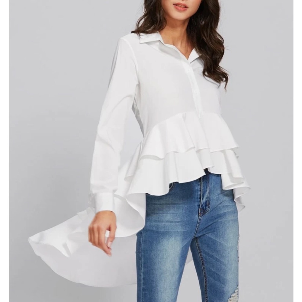 White High Low Ruffles Hem Button Down Blouse